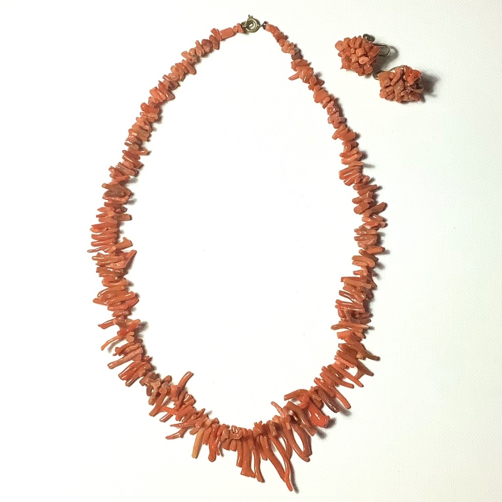 Antique Red Coral Necklace and Earrings